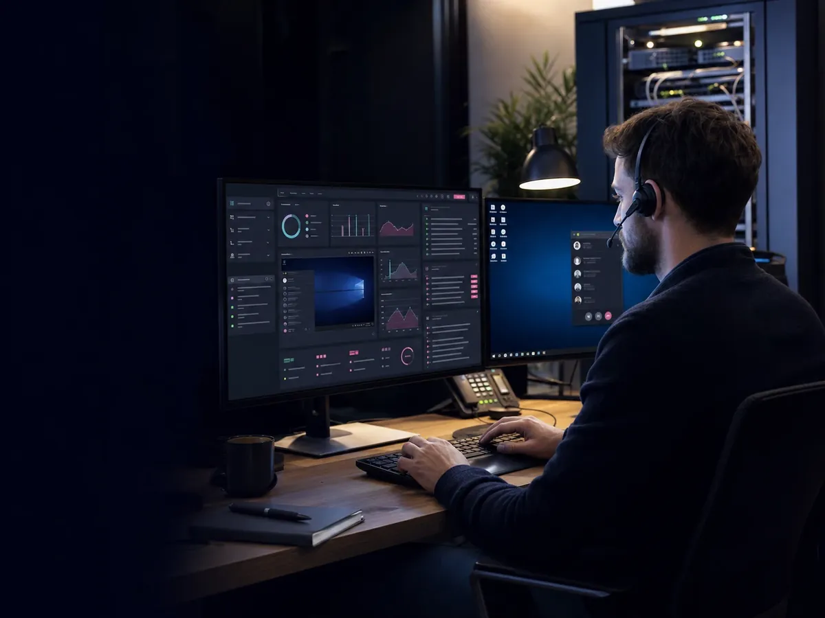 Técnico prestando soporte remoto desde un panel de supervisión